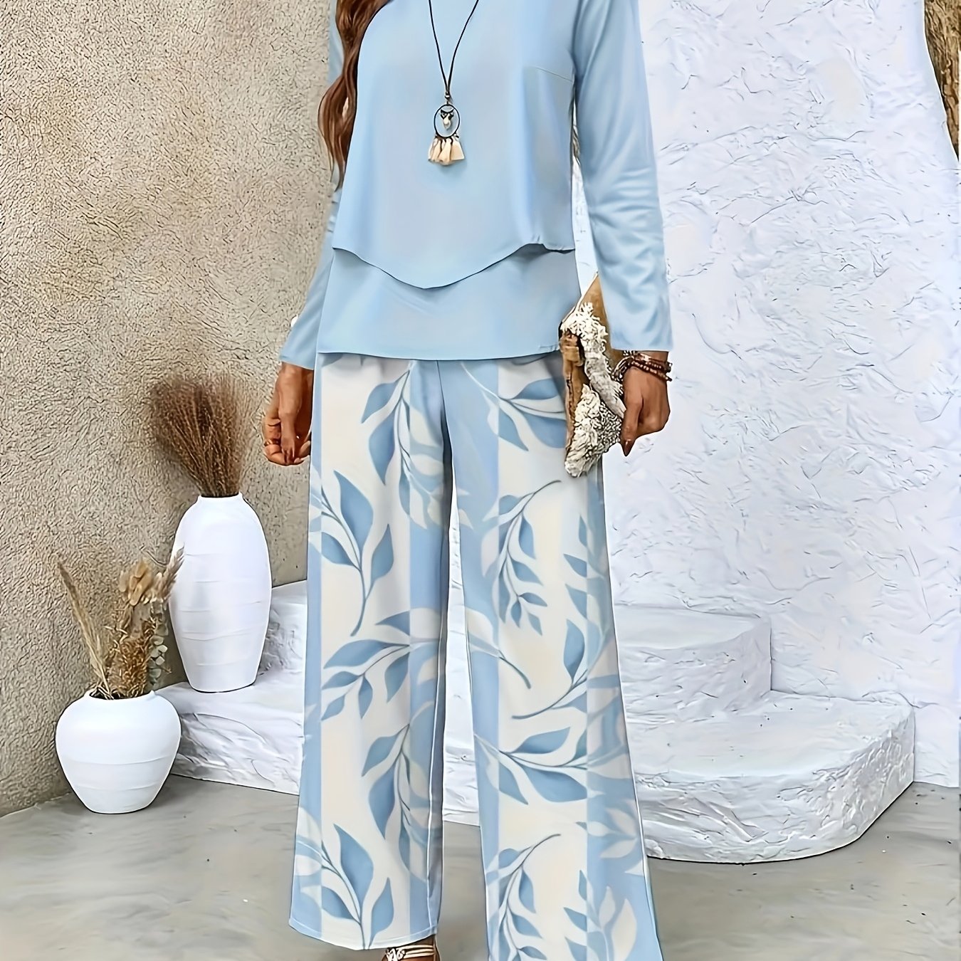 Plus Size, Women's Casual Twill Vegetal Stripe Print Round Neck Double Long Sleeve Straight Pant Set