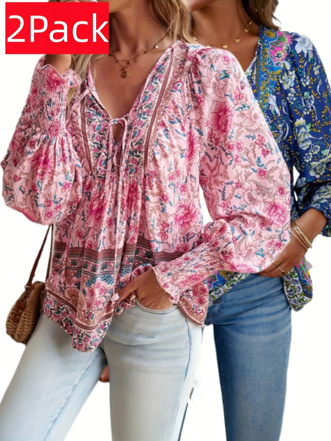 Plus Size - ZAFUL Summer Loose Plus Size Women'S Apparel, Stylish Resort Bohemian Floral Print Top Set, Lightweight Fashion V-Neck Printed Lantern Sleeve Tassel Plus Size Shirt*2
