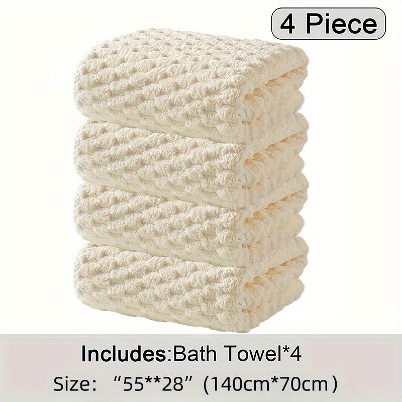4pcs Waffle Weave Bath Towel Set, Super Absorbent Microfiber Towels, Quick-Dry Textured Towels, Soft Spa & Fitness Towels, Durable for Everyday Use, with Polyester 85%, Nylon 15% - Contemporary Geometric-Pattern Oblong Towel