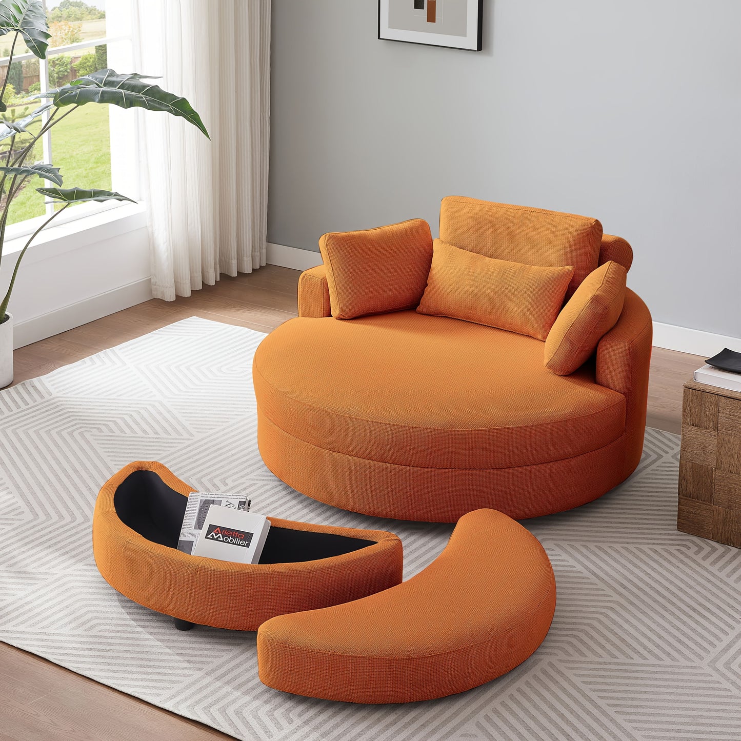 51.2" Ottoman-Shaped Cushion Chair with Storage, Linen Fabric, Includes Adjustable Headrest and Four Pillows, Large Size for Living Room/Bedroom/Office/Hotel Sofa