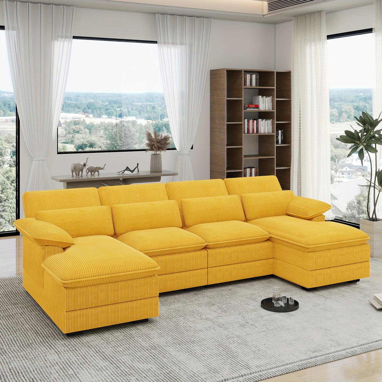 [Comfort Cloud Sofa] Comfort 4 Seater U-Shape Combo Sofa, 111.8'' Modern Deep Seat Cloud Sofa with Lumbar Cushion | Corduroy Living Room Sofa for Apartments, Apartment Homes