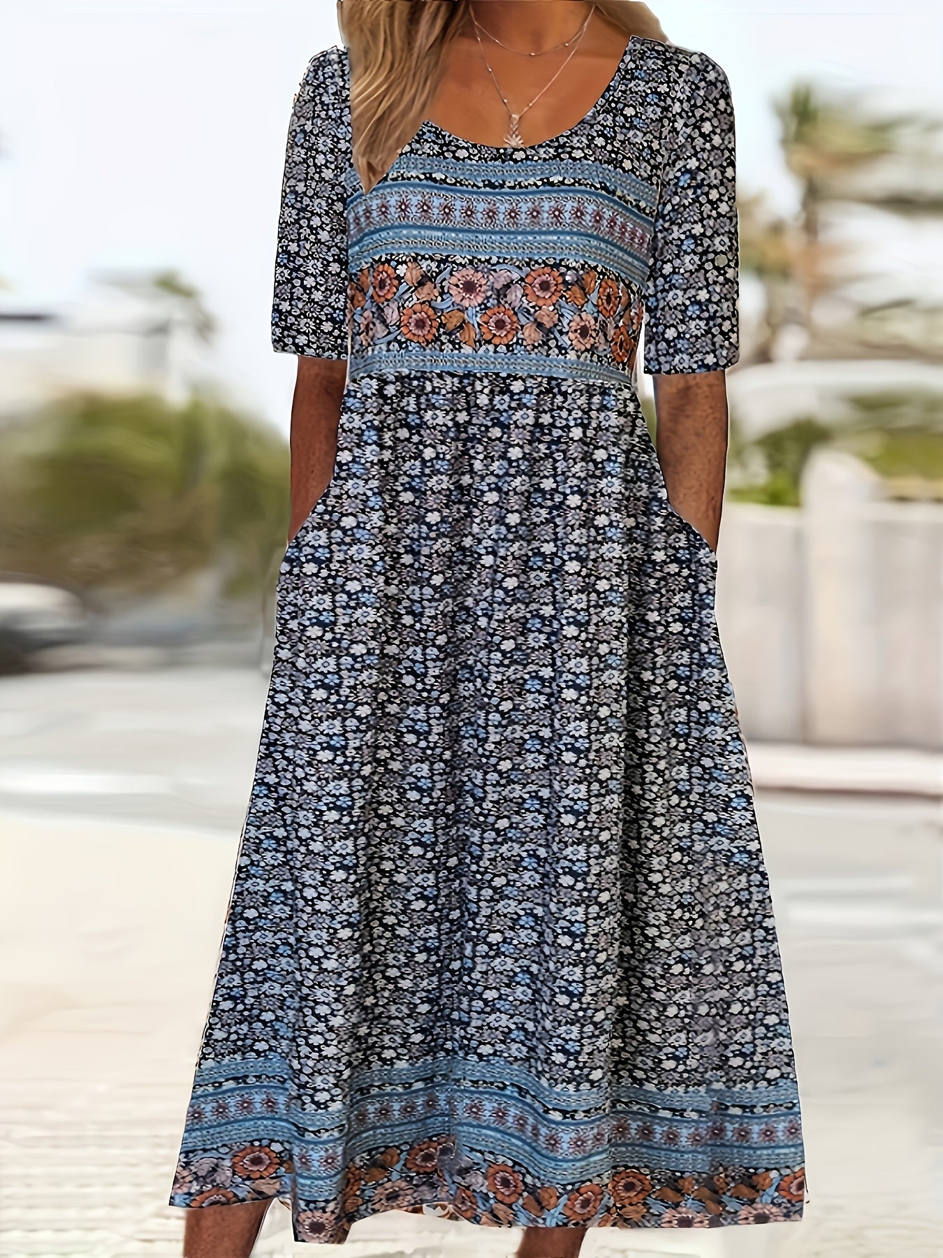 2025 Women'S Summer Floor-length Skirt Crewneck Short Sleeve Classic Paisley Print Skirt Casual Pleated Skirt With Pockets