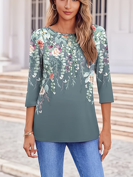 Women'S Casual Three-quarter Sleeve Top Round Neck Casual Printed T-shirt