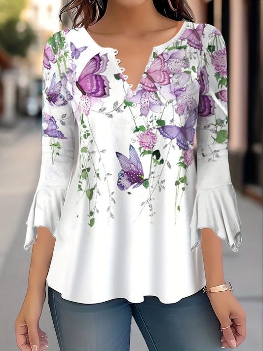 Saint-Simons Women's Floral Butterfly Print V-Neck Blouse - 3/4 Sleeve Stretchy Casual Shirt, Lightweight Breathable Machine-Washable Top for Spring Summer Fall, White Green Purple