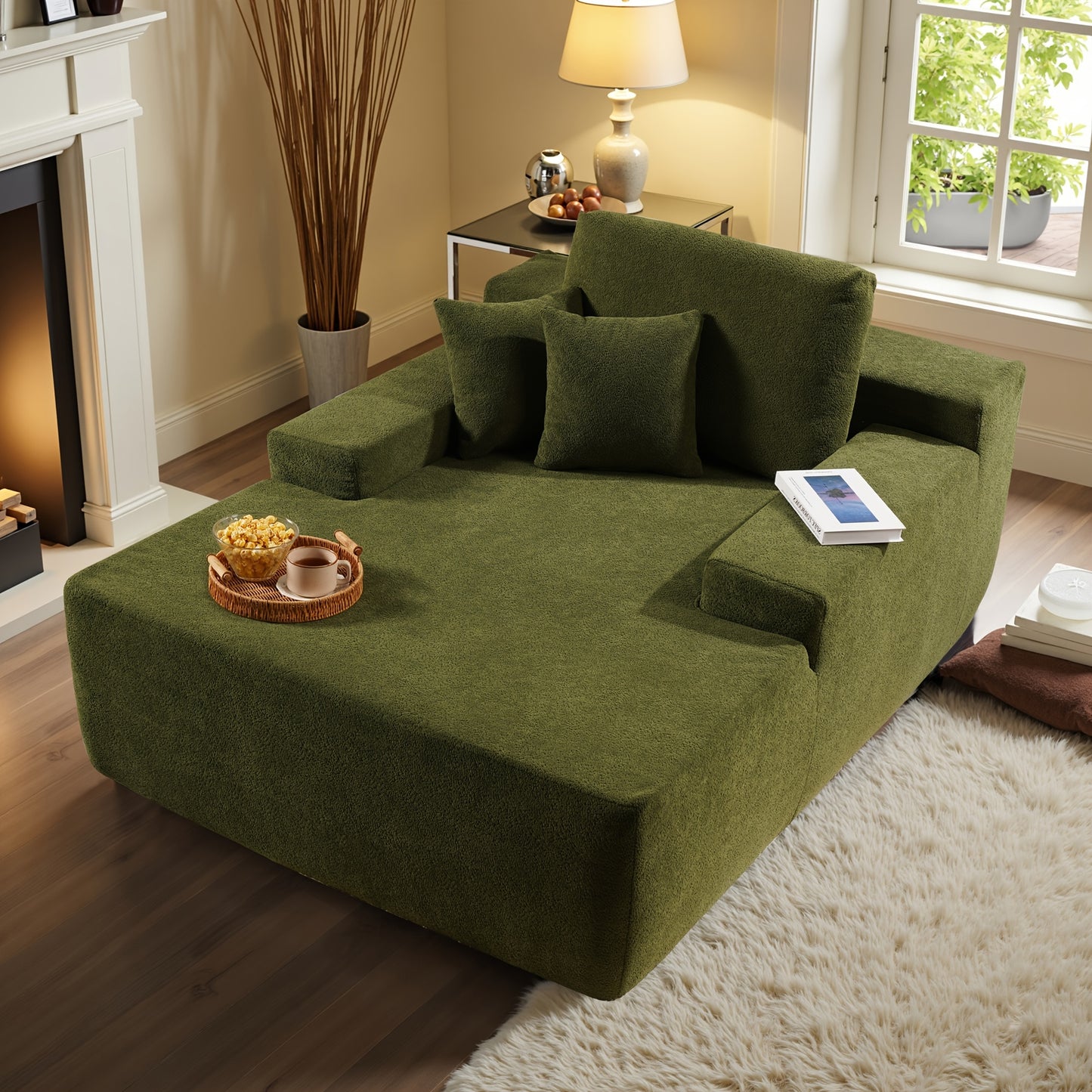 48" Large Corduroy Floor Sofa with Pillows - Oversized Lounge Chair with Plush Upholstery, Deep Cushions, And Armrests/ Deep Seat Sofa Bed with High Density Sponge Cushion/ USleeper Sofa for Living Room, Bedroom, Apartment, B