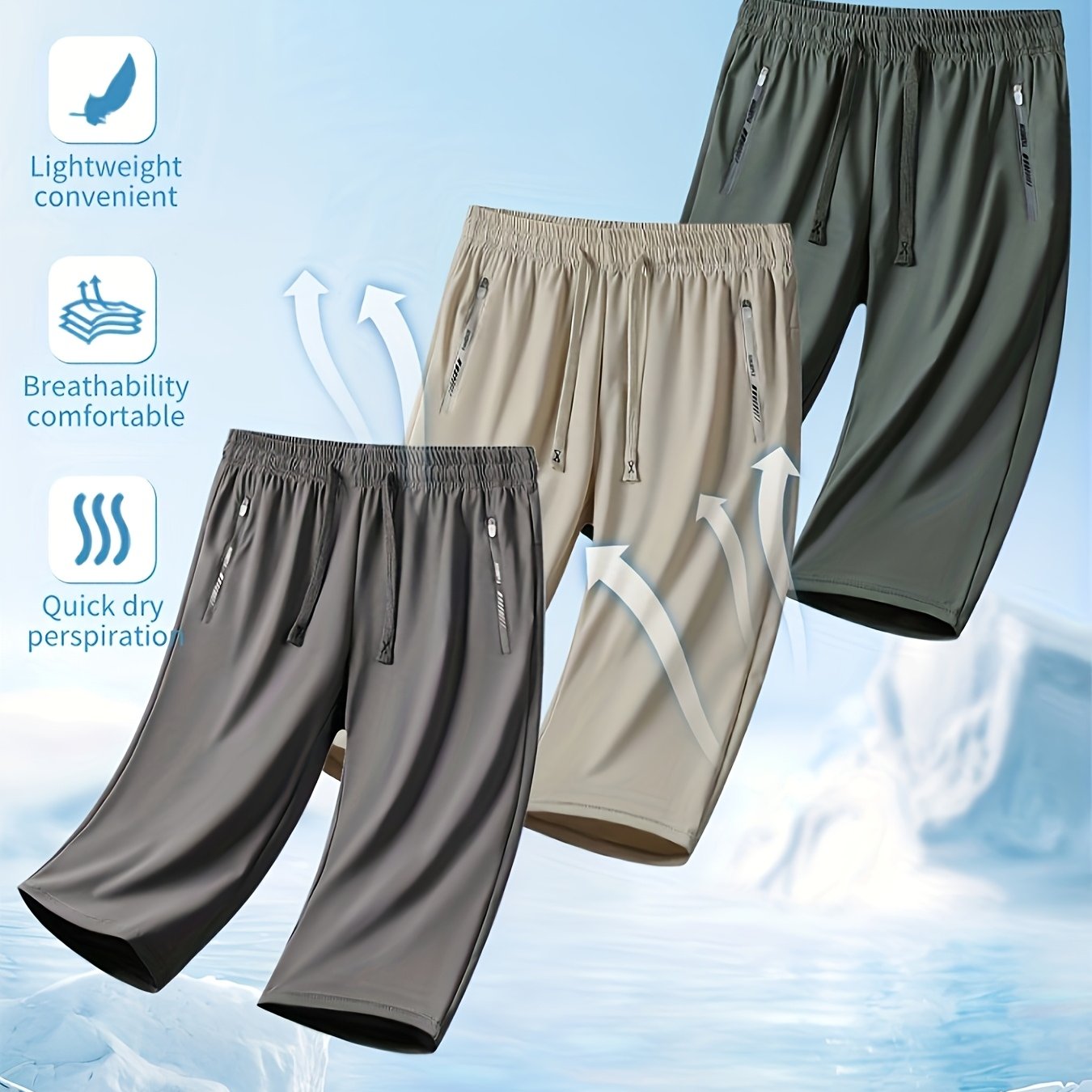Three Pairs Of Summer Women's Shorts, Women's Solid Color 3/4 Pants, Elastic Drawstring At The Waist, Diagonal Zipper Pocket, Nylon And Spandex Medium-elastic Fabric Pants, Ice Silky Quick-drying Sports Pants, Women's Pants