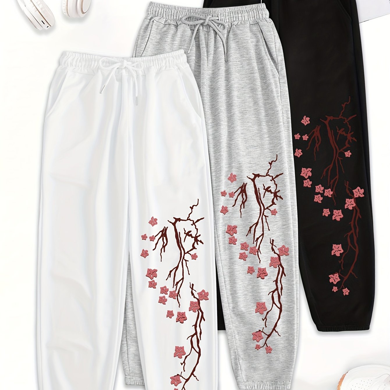 3pcs Women'S Casual Joggers with Elastic Waistband - Loose Fit, Drawstring Pants, White & Gray with Red Floral Print, All-Season Comfort, Jogging Pants