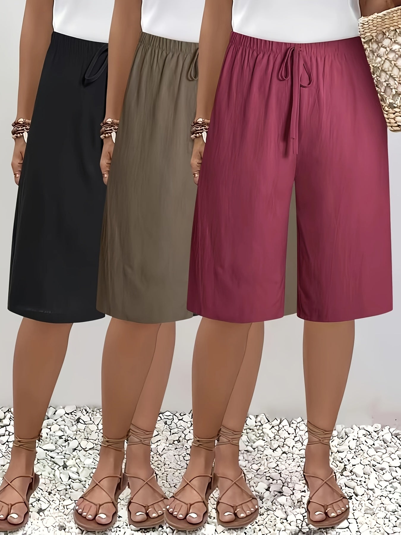 [High-Waisted Shorts] 3pcs High-Waisted Wide-Leg Shorts | Women's Casual Mid-Thigh Length Non-Stretch Fabric, Solid Colors - Machine Washable
