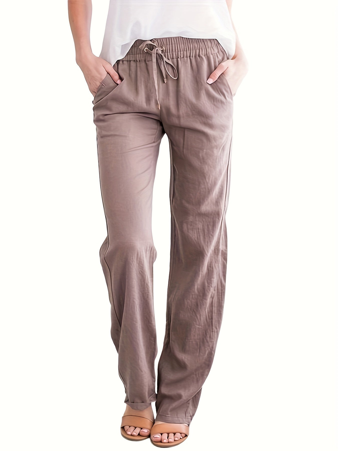 Women's Casual Solid Color Trousers with Pockets & Adjustable Drawstring Waist - Loose Fit Lightweight Pants for Spring Summer Fall, Machine Washable for Daily Commuting & Casual Outings, Flexible Clothing, Stylish Simplicity