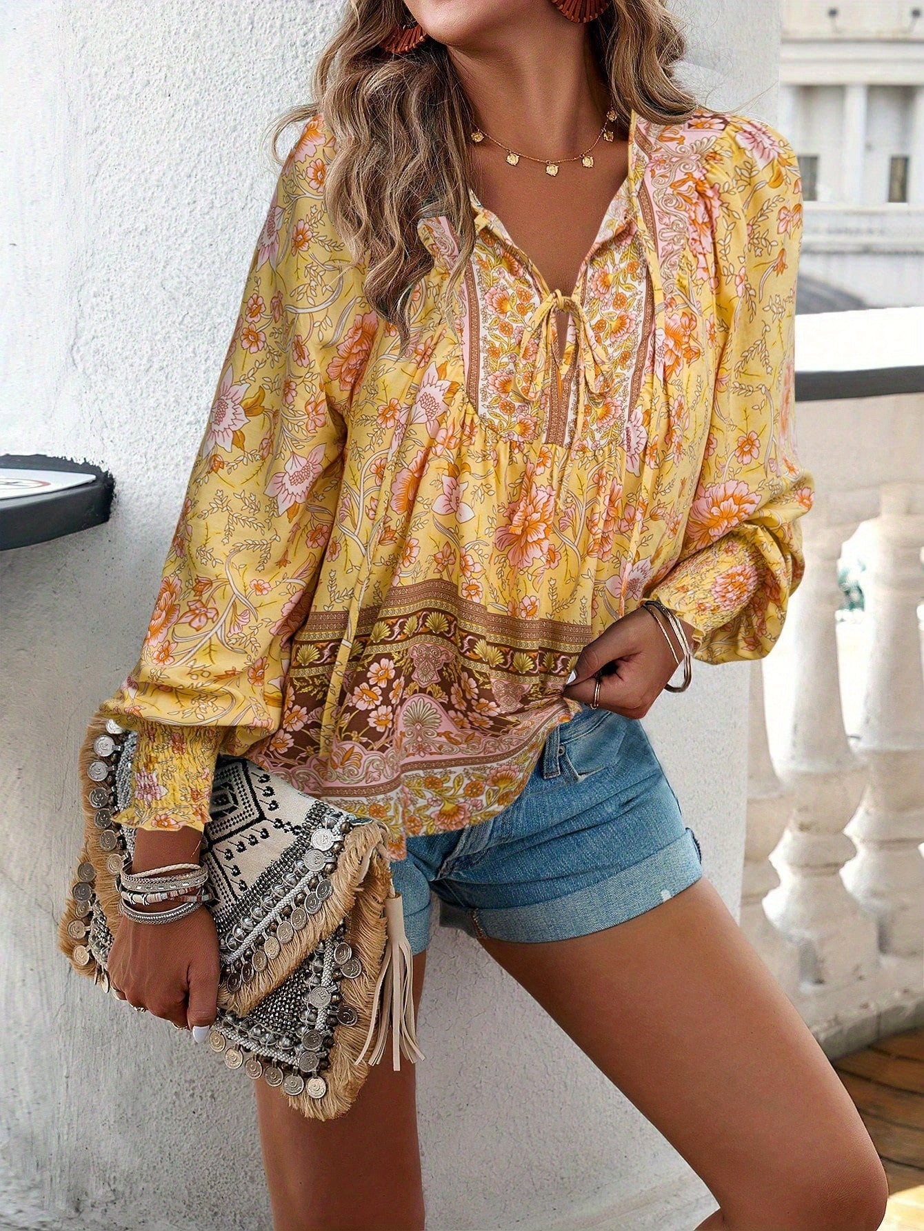 Women's Bohemian Floral Print V-Neck Long Sleeve Blouse - Elegant All-Season Top with Multicolor Blue Pink Green Purple Orange Yellow White Patterns, Lace-Up Front & Machine Washable Shirt for Beach Vacation & Casual Attire,