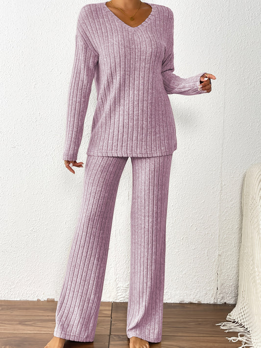 [Loose Fleece Set] Two-Piece Autumn And Winter Loose Ribbed Fleece Set - V-Neck Top And Straight-Leg Pants for a Casual Look