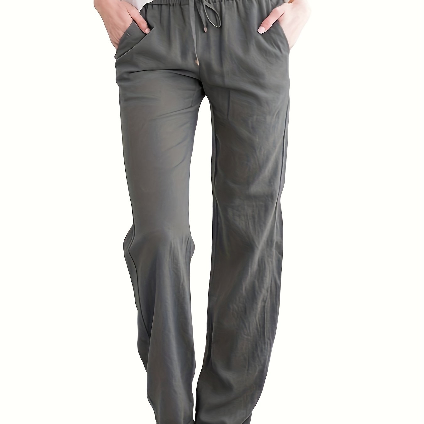 Women's Casual Solid Color Trousers with Pockets & Adjustable Drawstring Waist - Loose Fit Lightweight Pants for Spring Summer Fall, Machine Washable for Daily Commuting & Casual Outings, Flexible Clothing, Stylish Simplicity
