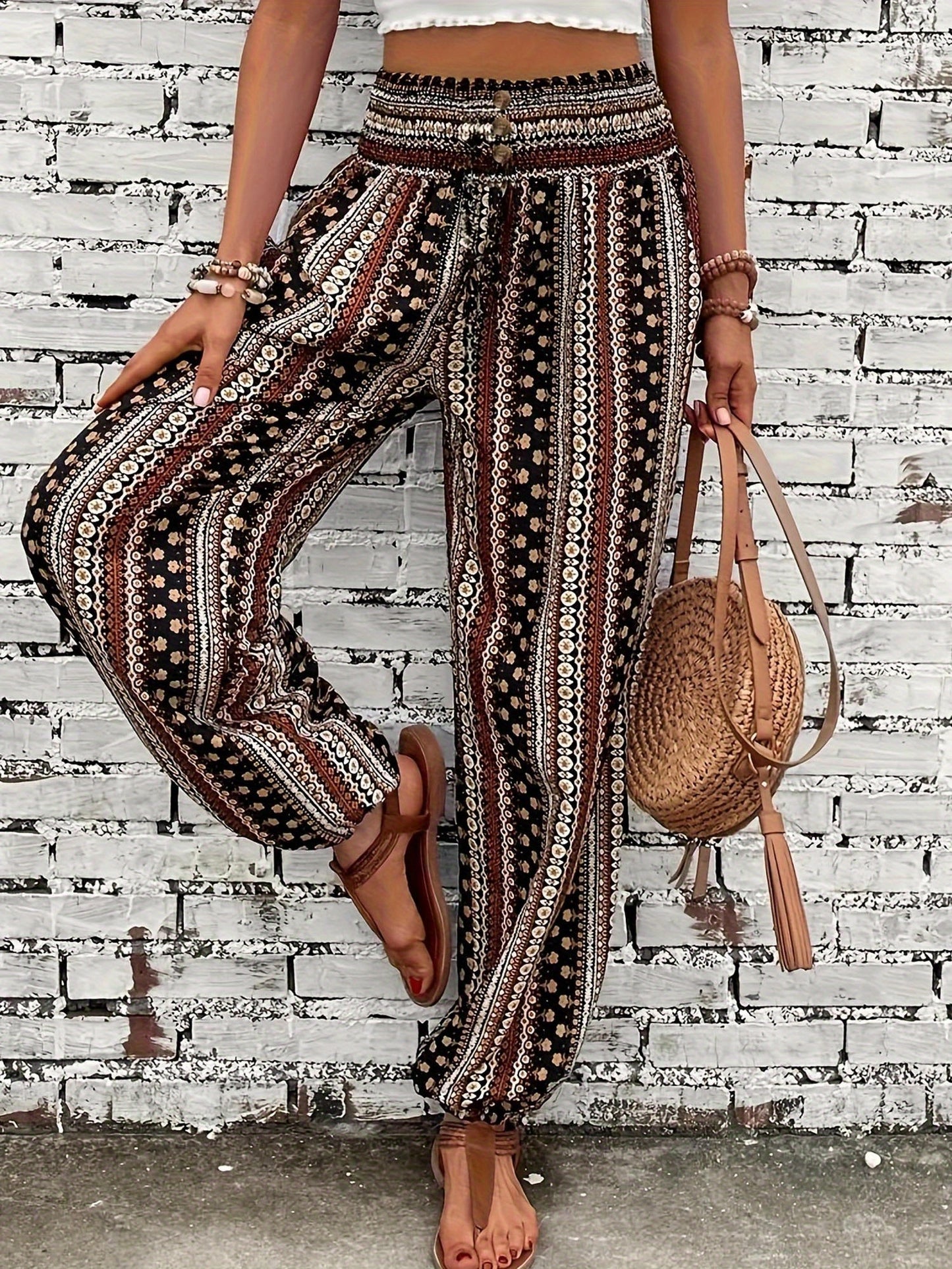 Women's Loose Fit Linen-Textured Polyester Harem Pants - Casual Summer Tapered Ankle Trousers with Pockets, Elastic Waist & Button Closure, Random Print for Outdoor