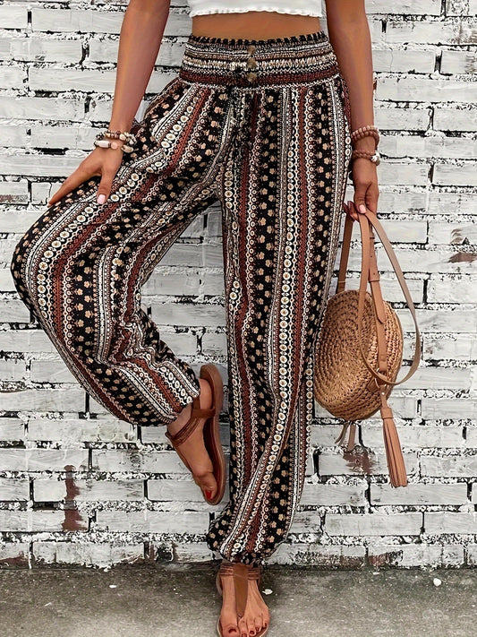 Women's Loose Fit Linen-Textured Polyester Harem Pants - Casual Summer Tapered Ankle Trousers with Pockets, Elastic Waist & Button Closure, Random Print for Outdoor