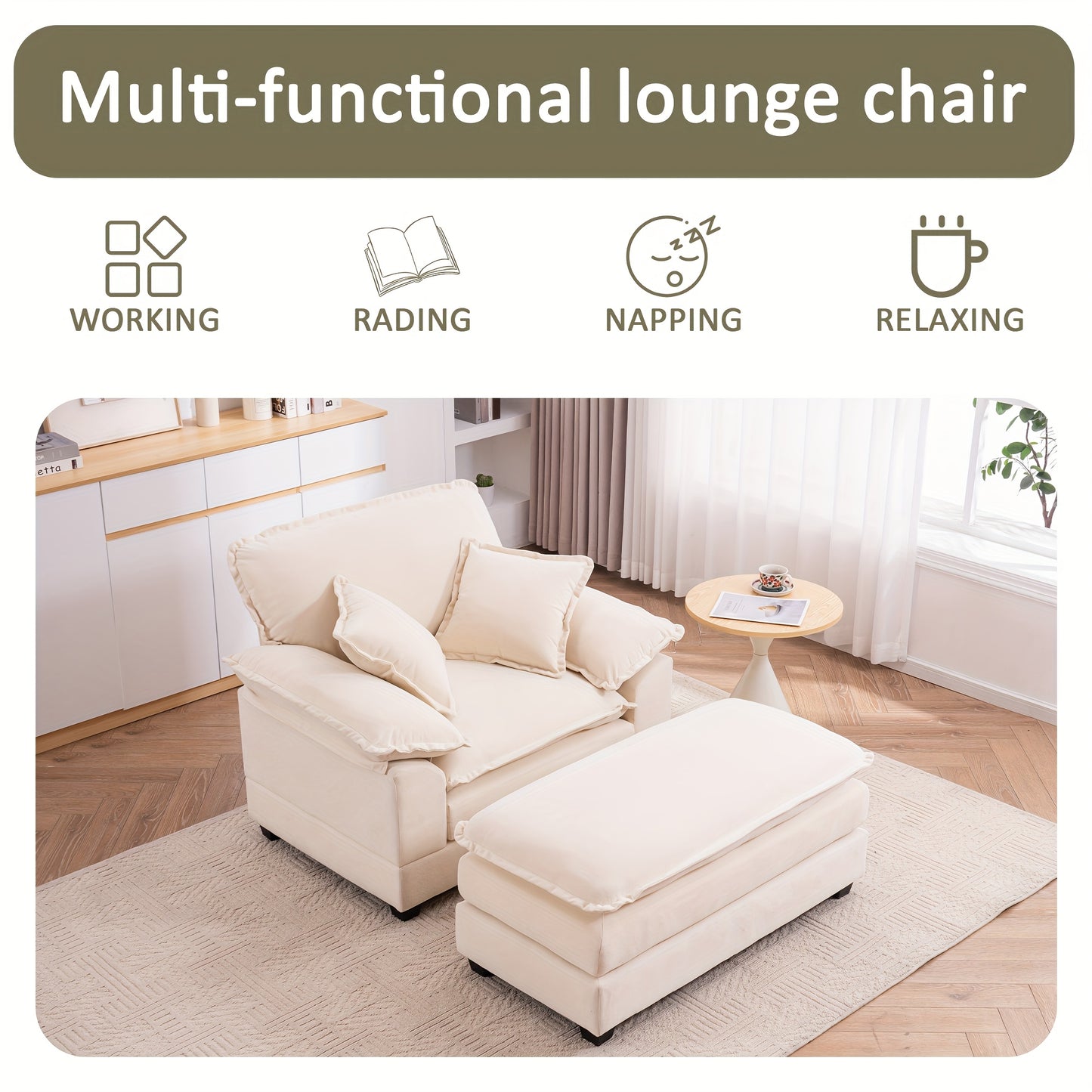46.9 Inch Velvet Single Sofa with 2 Folding Pillows And An Ottoman, Comfort Sofa - Living Room Apartment Deep Seating Sofa, Upholstered Recliners