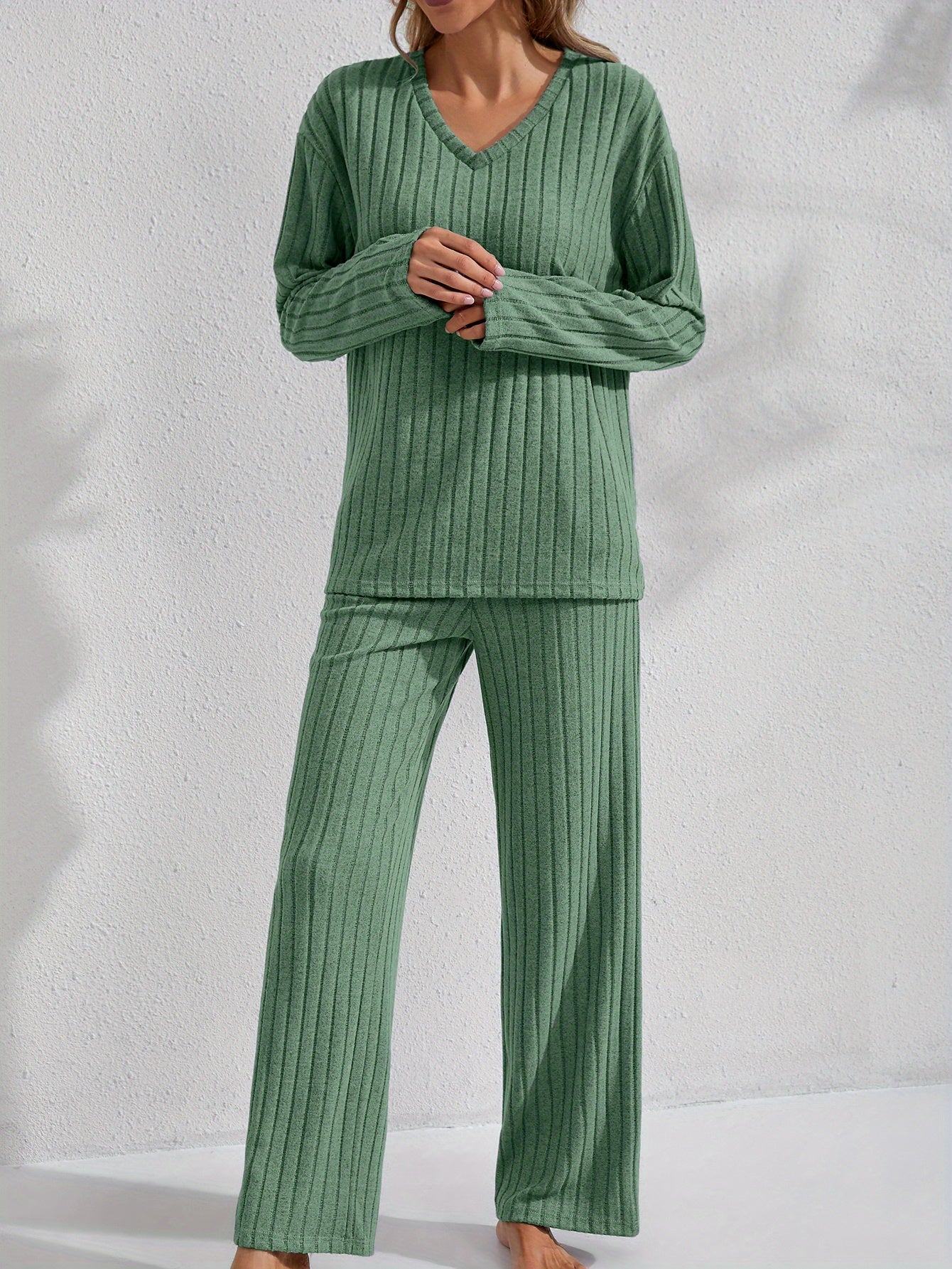 V-Neck Long Sleeve Top & Straight Leg Pants, Olive Green, Comfortable Polyester Blend for Casual Attire, Versatile Clothing|Ribbed Texture Design|Polyester Blend Set, Ribbed Knit Clothing