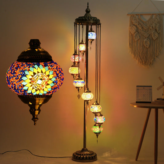 Turkish Mosaic Floor Lamp - 74" Tall Floor Lamp, Handcrafted 9-Globe Moroccan Design, 5.2" Glass Globe, Tool-Free Assembly, Traditional Art, E12 Bulb Included
