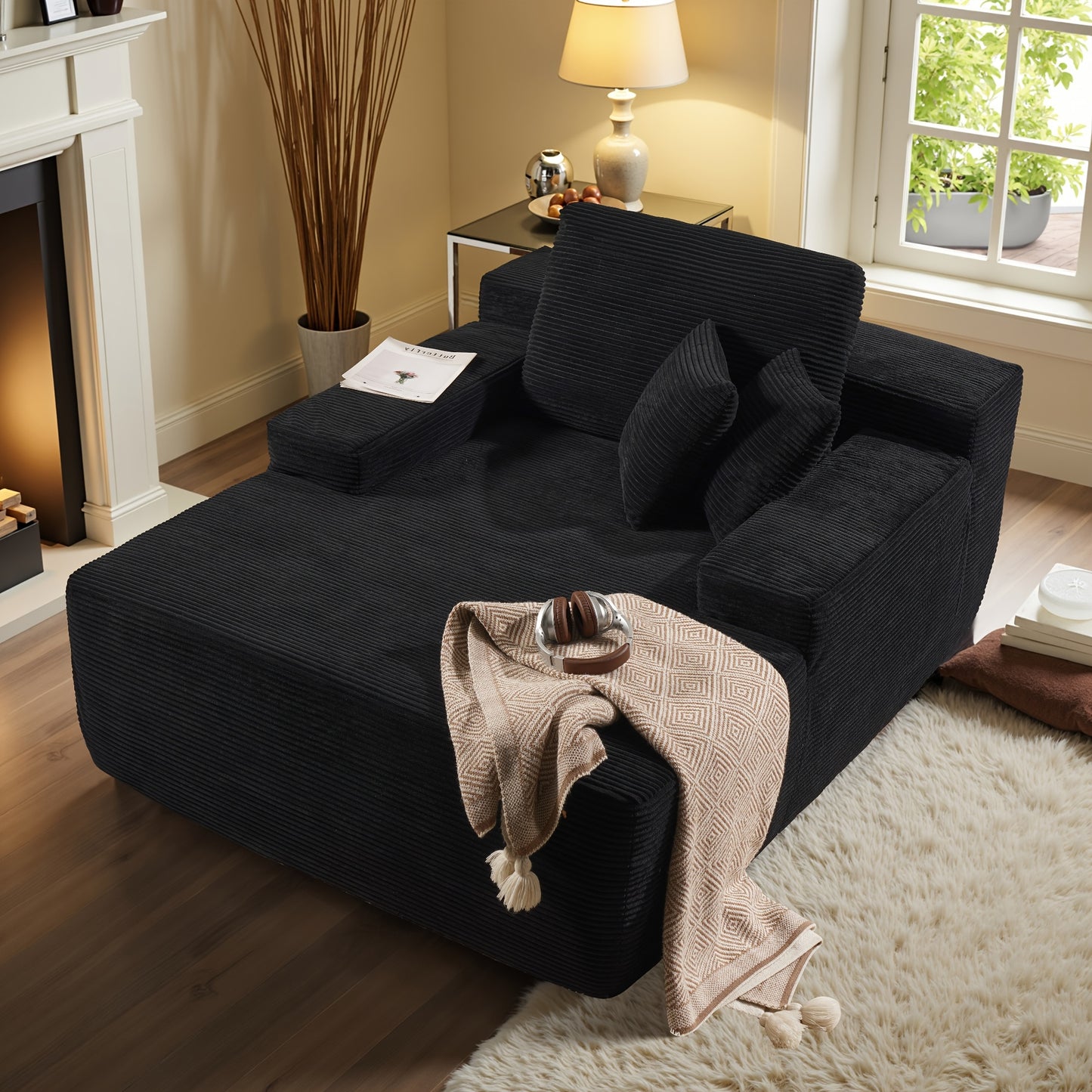 48" Large Corduroy Floor Sofa with Pillows - Oversized Lounge Chair with Plush Upholstery, Deep Cushions, And Armrests/ Deep Seat Sofa Bed with High Density Sponge Cushion/ USleeper Sofa for Living Room, Bedroom, Apartment, B