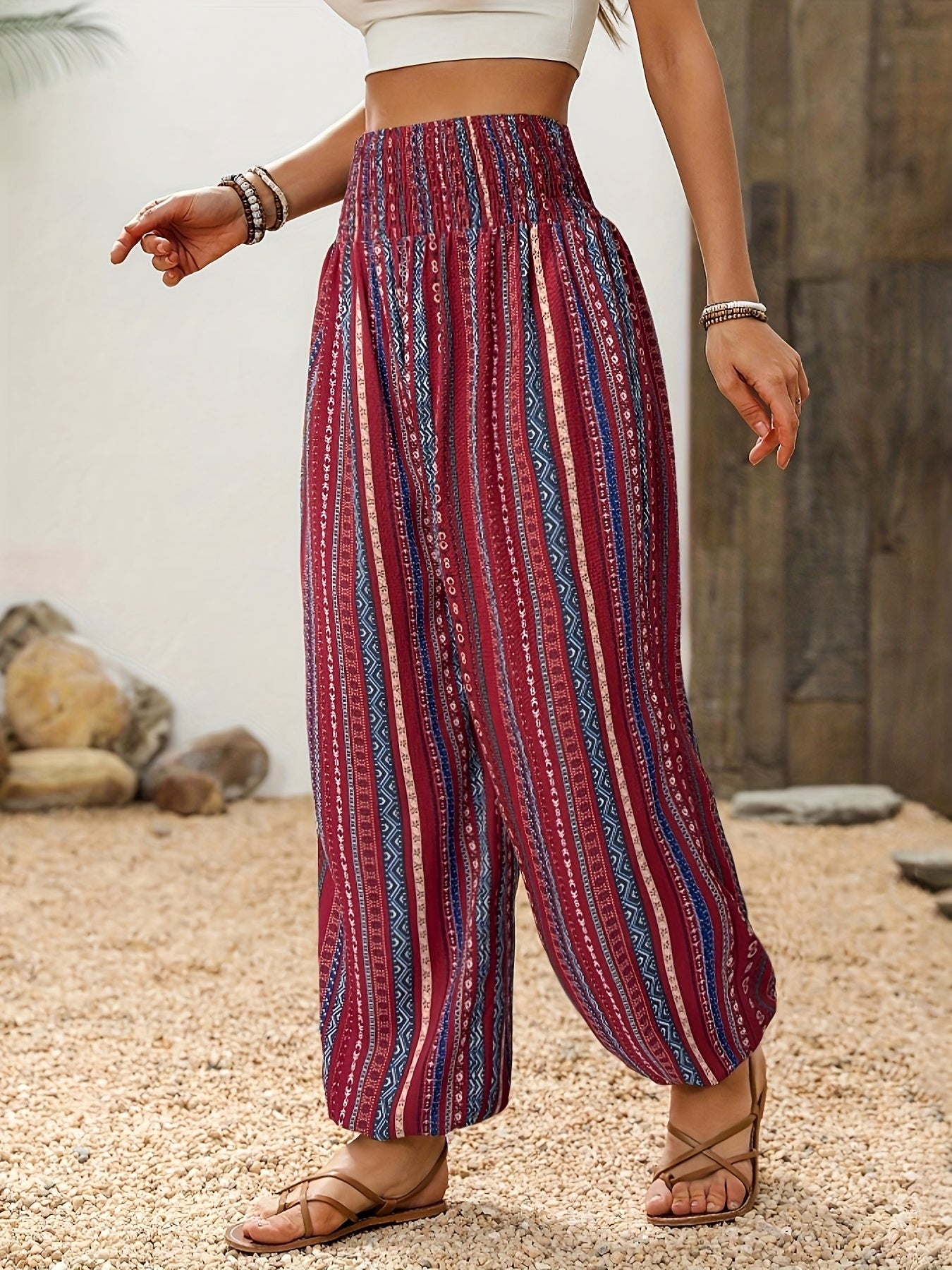 Women's Bohemian Ethnic Print High-Waisted Wide-Leg Pants - Elastic Waist Tassel Hem Lightweight Loose-Fit Trousers for Spring Summer Fall, Casual Outdoor Festivals & Beach Outings, Vacation Clothing, Loose Fit, Flowy Silhoue