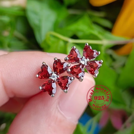 1 Pair Garnet Four-Leaf Clover Earrings, 18K Golden Plated, Boho Cute Style, Natural Stone, 925 Sterling Silver Post, January Birthstone, Anniversary Gift, Valentine'S Day Jewelry, All-Season Suitable