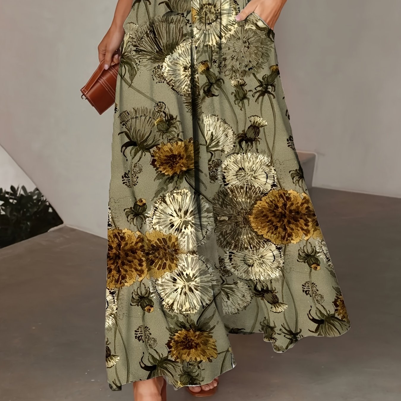 Elegant Women'S Wide-Leg Pants with Dandelion Floral Print