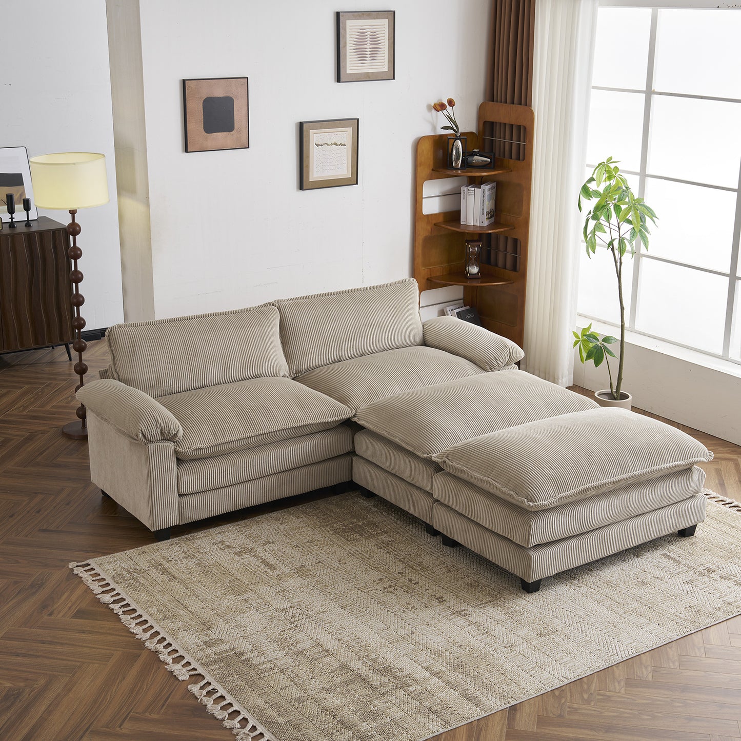 [Modern Cloud Sofa] MOTOOS 90.16 Inch Modern Corduroy Combination Cloud Sofa with Two Footstools, Double Layer Soft Cushion Double Sofa, Comfortable Sofa Bed, 2 Pillows and Removable Armrests