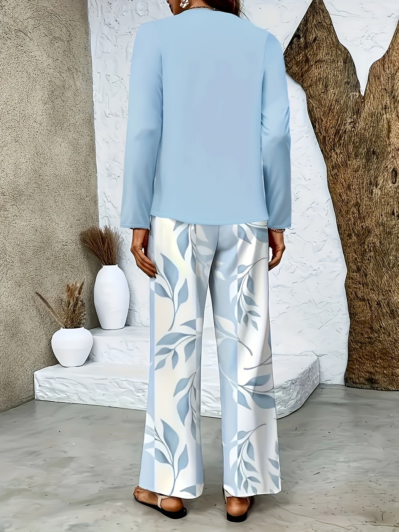 Plus Size, Women's Casual Twill Vegetal Stripe Print Round Neck Double Long Sleeve Straight Pant Set