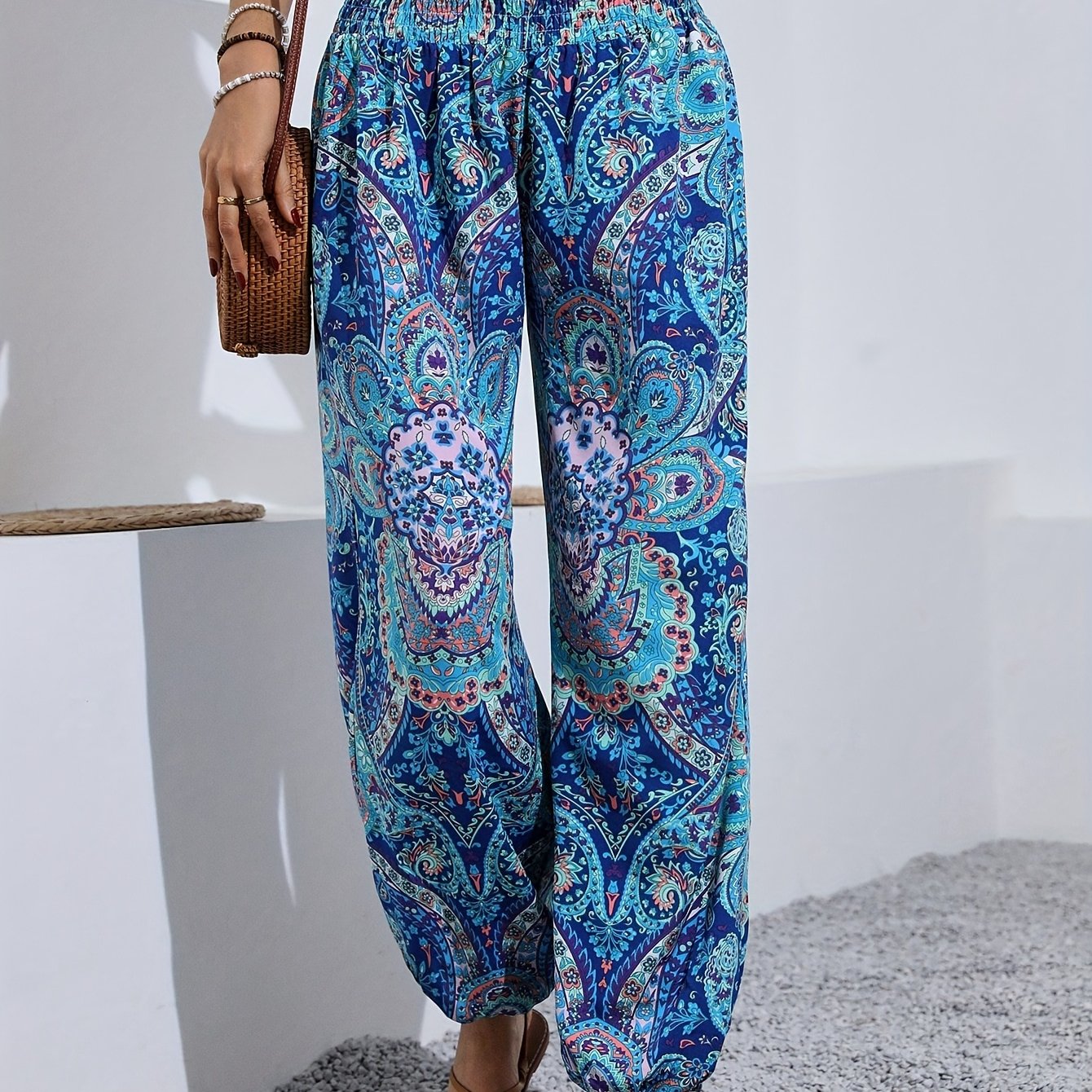 [Vibrant Print] Women's Elegant Paisley Print Harem Pants | High-Waisted, Loose Fit | Polyester Blend | Machine Washable | Casual Wear | All-Season | Elegant