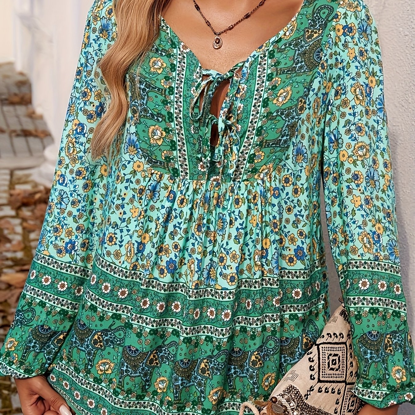 ZAFUL Boho Floral Print Blouse - Women'S Loose Fit V-Neck Long Sleeve Top - Casual Beach Shirt For Summer & Vacation Wear
