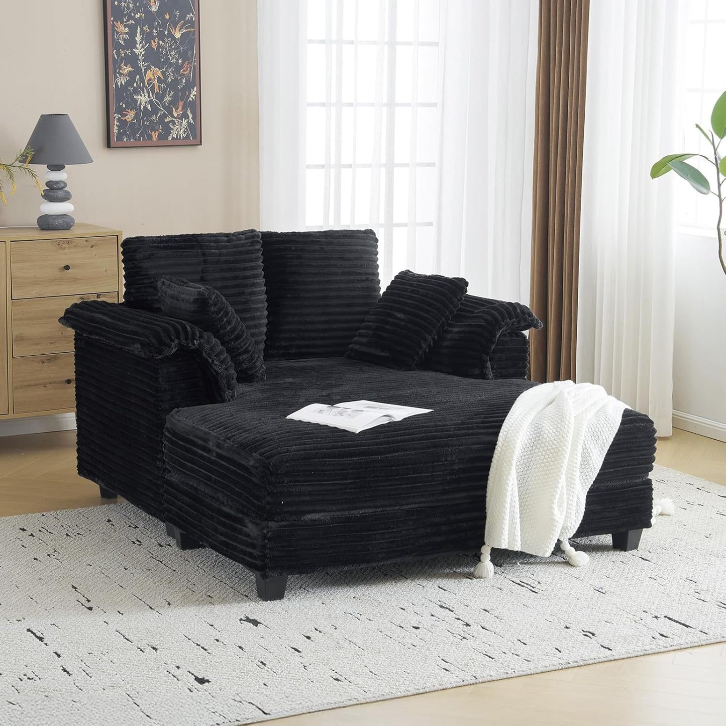 LEADZM Lounge Sofa, 56" Oversized Reading Sofa Corduroy Chaise Sofa Recliner Bed Upholstered Comfy Sleeper Couch with Throw Pillows And Armrests for Living Room, Movie Room, Bedroom