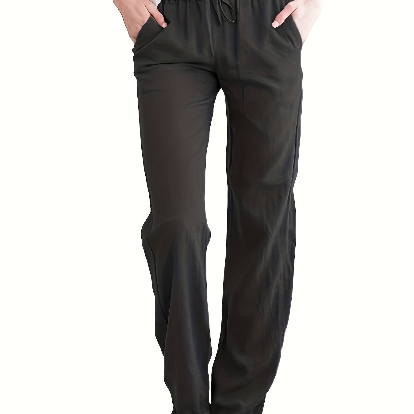 Women's Casual Solid Color Trousers with Pockets & Adjustable Drawstring Waist - Loose Fit Lightweight Pants for Spring Summer Fall, Machine Washable for Daily Commuting & Casual Outings, Flexible Clothing, Stylish Simplicity