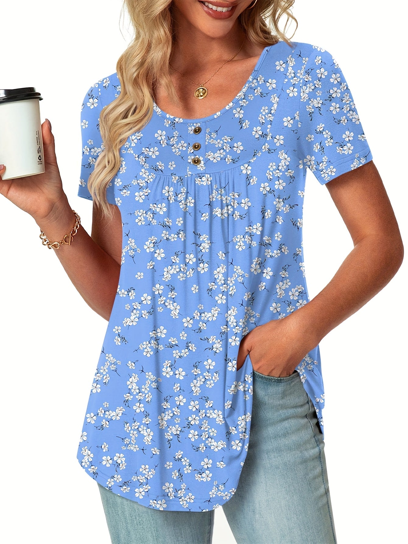 Women'S Casual Floral Print Blouse with Ruffled Hem & Button Details - Short Sleeve Round Neck Top, Light Blue Floral Design, Perfect for Spring/Summer Outfits, Ladies Blouses