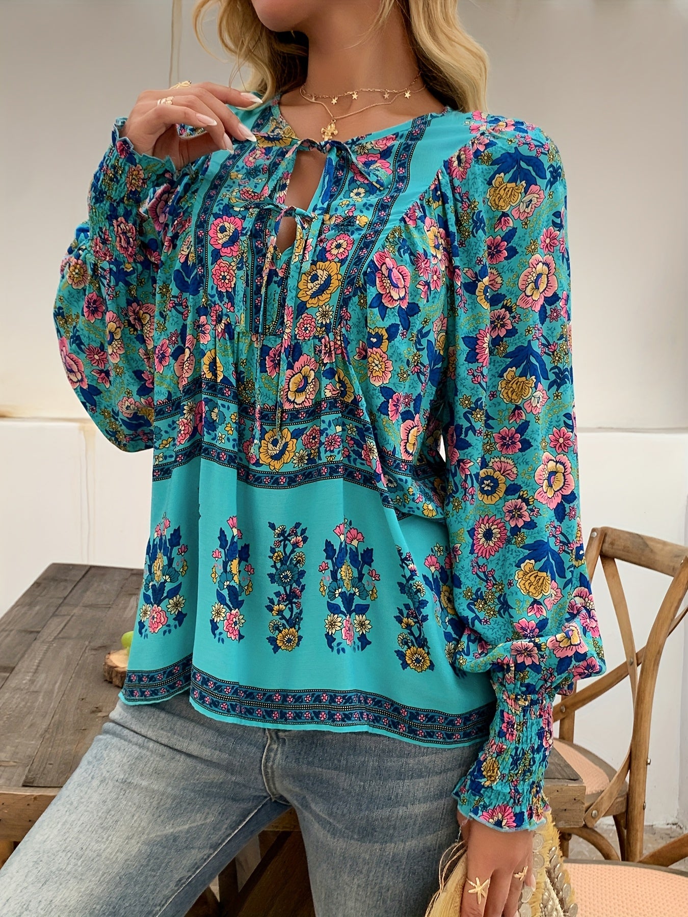ZAFUL Women's Bohemian Floral Print Shirt - Loose V-Neck Lace-Up Long Sleeve Top with Adjustable Drawstring Cuffs, Lightweight Machine-Washable Fabric for Spring Summer Fall, Casual Vacation & Casual Attire, Cute Long Sleeve