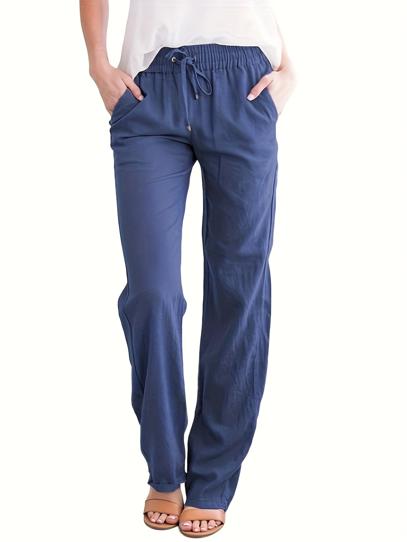 Women's Casual Solid Color Trousers with Pockets & Adjustable Drawstring Waist - Loose Fit Lightweight Pants for Spring Summer Fall, Machine Washable for Daily Commuting & Casual Outings, Flexible Clothing, Stylish Simplicity