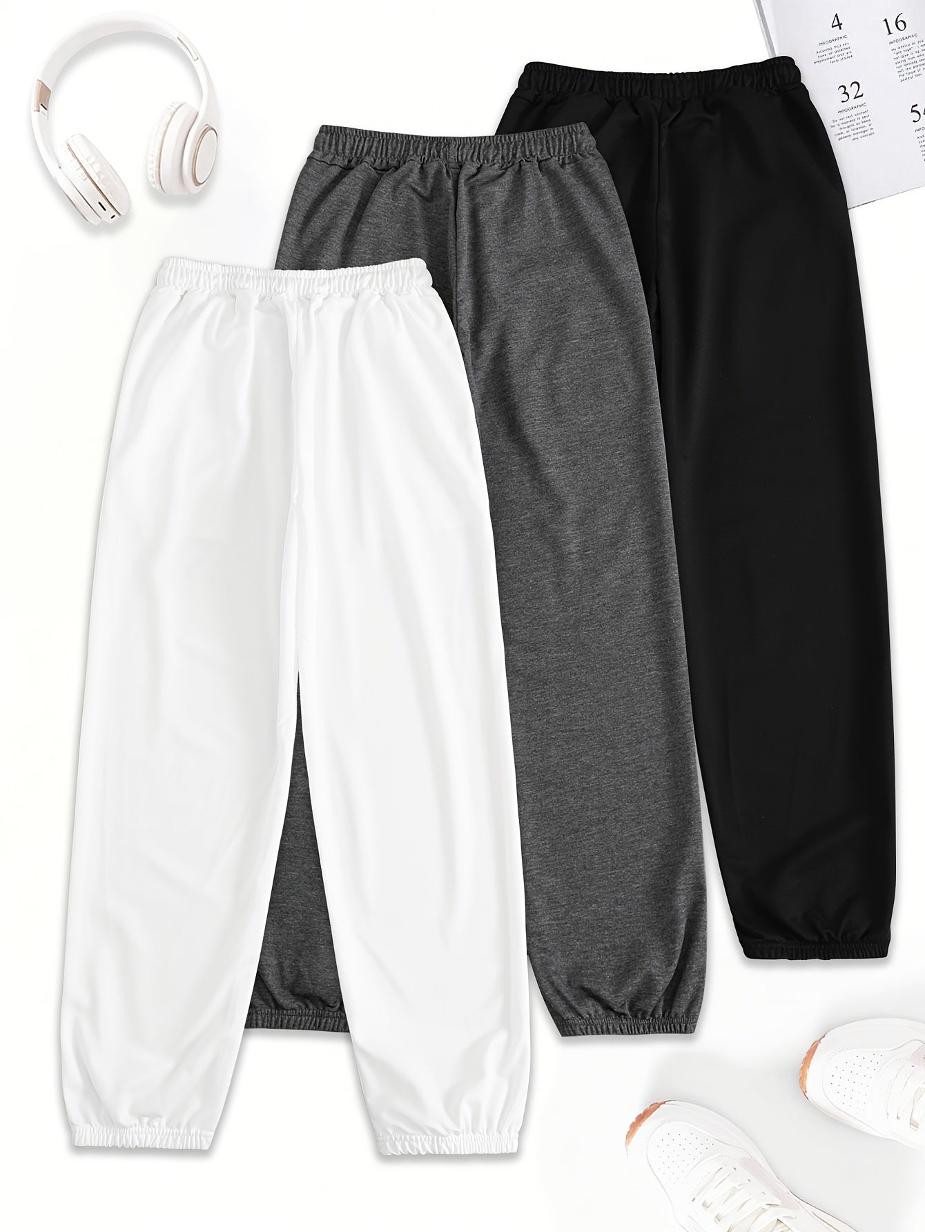 Women's 3-Pack Polyester Drawstring Sweatpants with Pockets - Loose Fit Casual All-Season Knit Joggers with Floral Print Detail