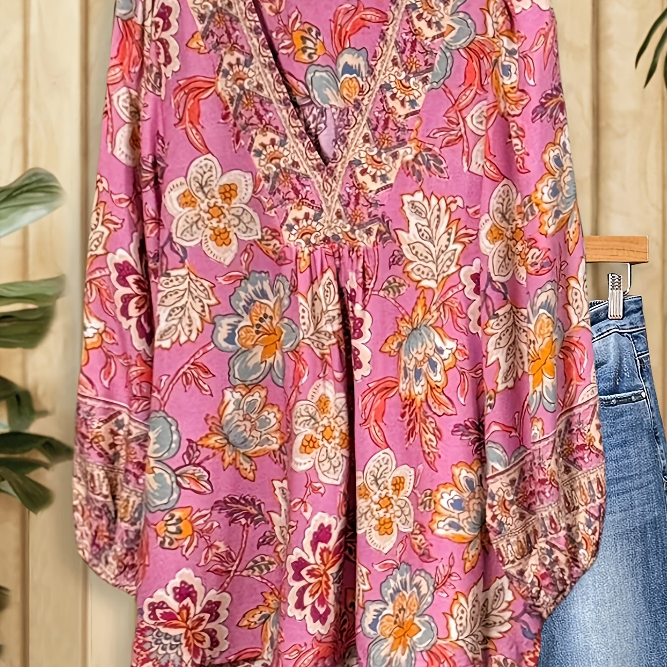 Boho Floral Print V-Neck Blouse For Women - Long Sleeve Lightweight Tunic Top With Embroidered Details - Loose Fit Casual Shirt For Spring & Summer, Perfect With Jeans Or Shorts