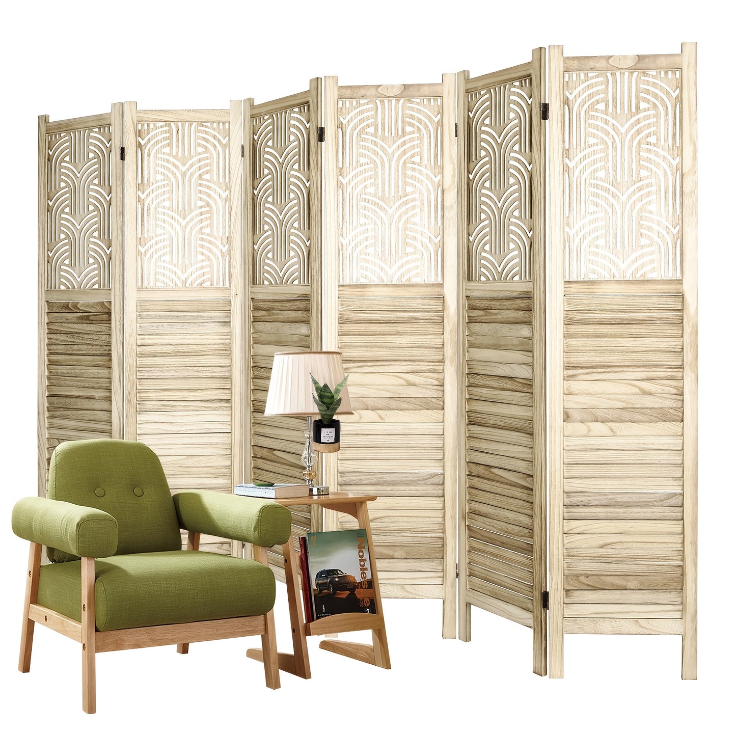 6-Panel Solid Hardwood Folding Room Divider Privacy Screen - 5.6ft Tall Freestanding Louvered Design with Natural Wood Finish, Rustic Farmhouse Style for Home Office Bedroom Restaurant