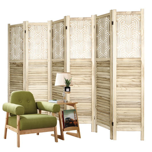 6-Panel Solid Hardwood Folding Room Divider Privacy Screen - 5.6ft Tall Freestanding Louvered Design with Natural Wood Finish, Rustic Farmhouse Style for Home Office Bedroom Restaurant