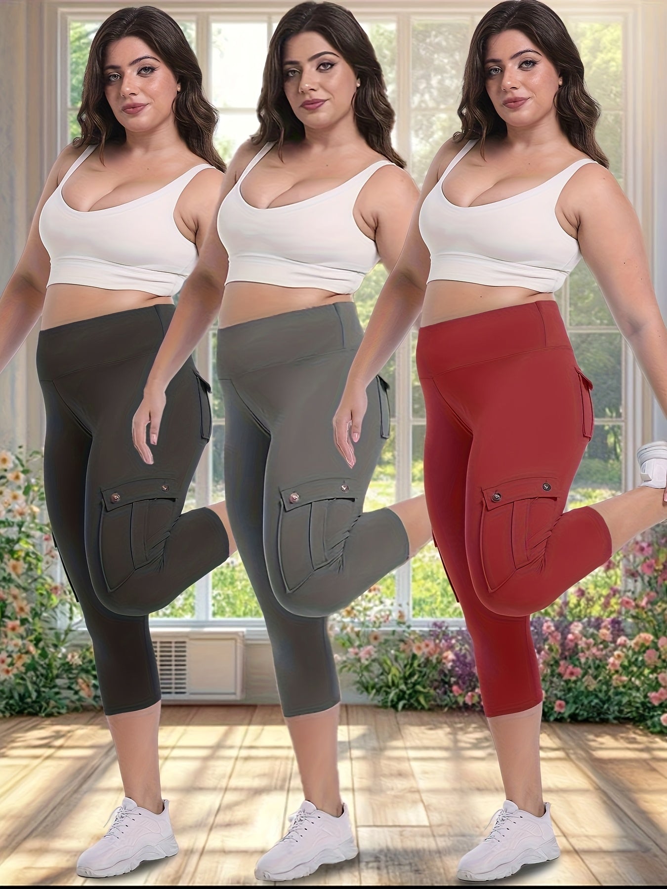 3pcs Women'S High-Waisted Yoga 7/10 Pants with Pockets - Stretch Running And Sports Leggings, Button Design, Solid Color, Comfortable Polyester Blend Fabric.