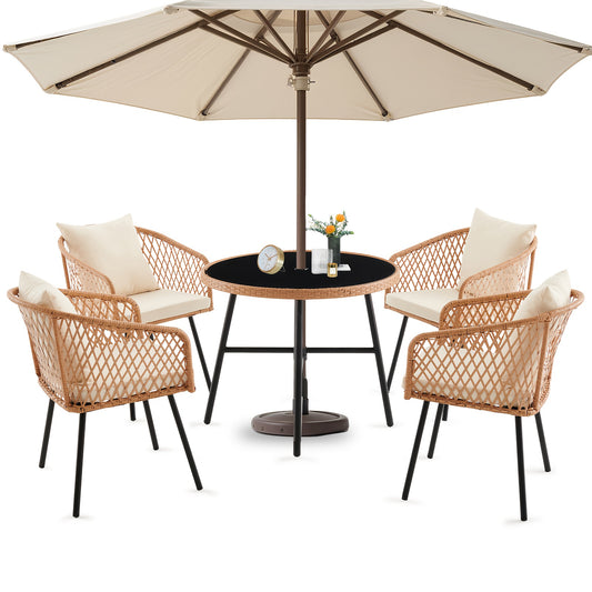 5pcs Patio Dining Table Set With Umbrella Hole, Rattan Outdoor Furniture Set, 4 Cushioned Chairs & Glass Table For Lawn, Deck, Backyard, Garden, Porch(No Umbrella)