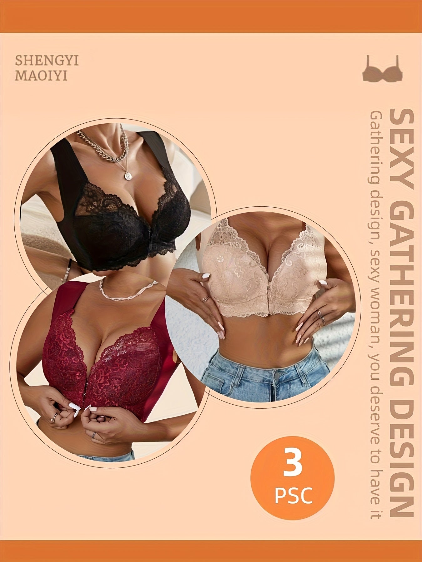 3pcs Women'S Push-Up Bra Set with Front Clasp, Comfortable and Breathable, Back Design, Lace Vest Style with Fixed Cup, Non-Removable Pads, High Support, Wireless Compression Bra, Adult Bra, Sexy Bra, Everyday Bra