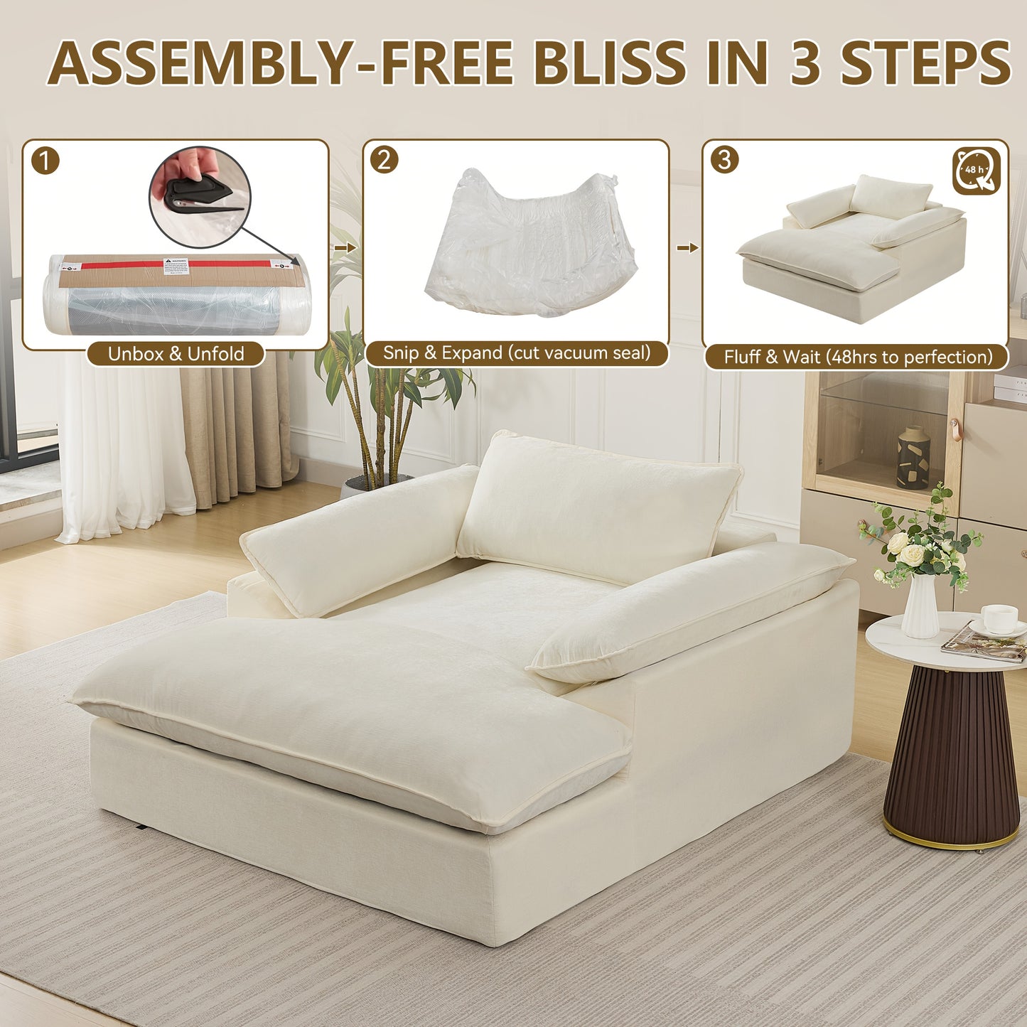69" Oversized Boneless Chaise Lounge Chair - Modern White Chenille Upholstered Sofa Bed with Pocket Springs, No Assembly Required, Plush Cushioned Reading Chair with Ottoman for Living Room, Bedroom, Office - Space-Saving Con