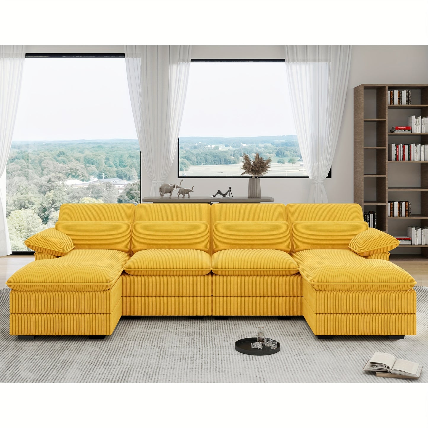 [Comfort Cloud Sofa] Comfort 4 Seater U-Shape Combo Sofa, 111.8'' Modern Deep Seat Cloud Sofa with Lumbar Cushion | Corduroy Living Room Sofa for Apartments, Apartment Homes