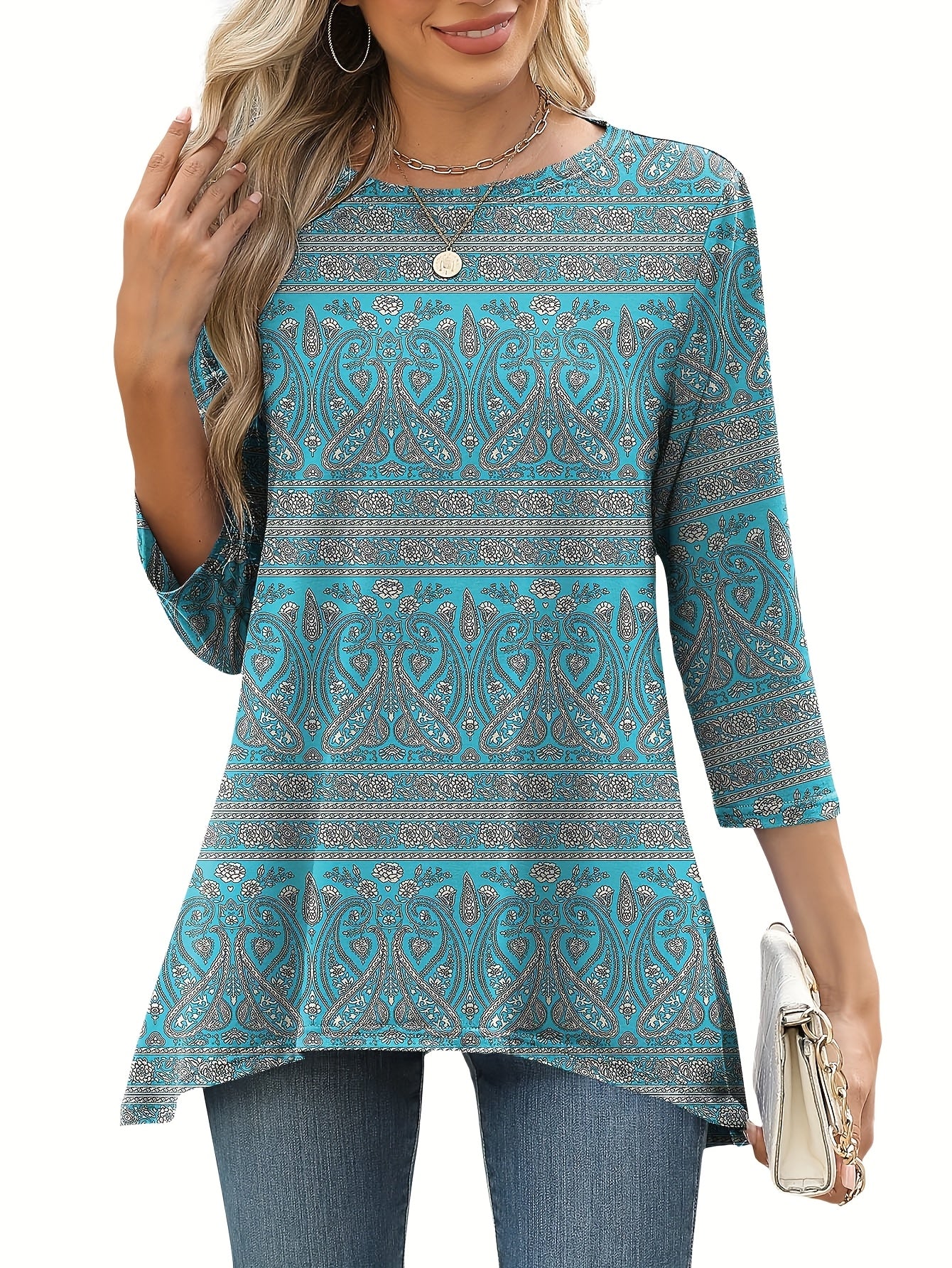 [Bohemian Style Top] Bohemian Style Women's Geometric Print 3/4 Sleeve Top | Casual Round Neck, Contrast Color Design, Lightweight & Breathable for Spring/Summer, Glossy Texture