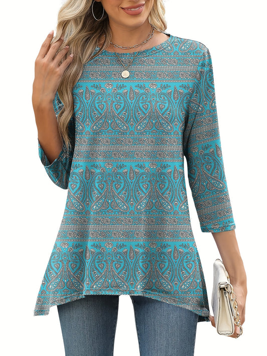 [Bohemian Style Top] Bohemian Style Women's Geometric Print 3/4 Sleeve Top | Casual Round Neck, Contrast Color Design, Lightweight & Breathable for Spring/Summer, Glossy Texture