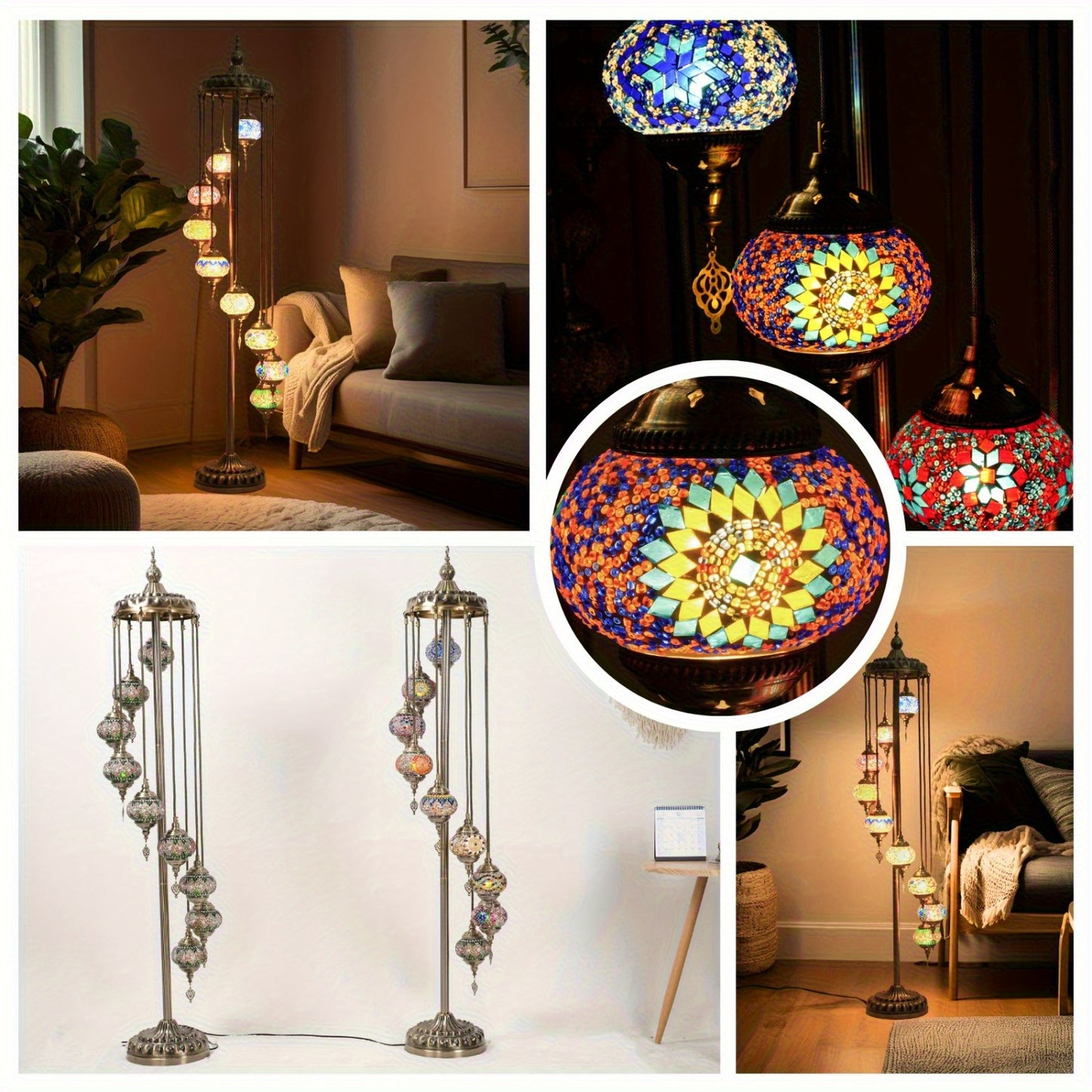 Turkish Mosaic Floor Lamp - 74" Tall Floor Lamp, Handcrafted 9-Globe Moroccan Design, 5.2" Glass Globe, Tool-Free Assembly, Traditional Art, E12 Bulb Included