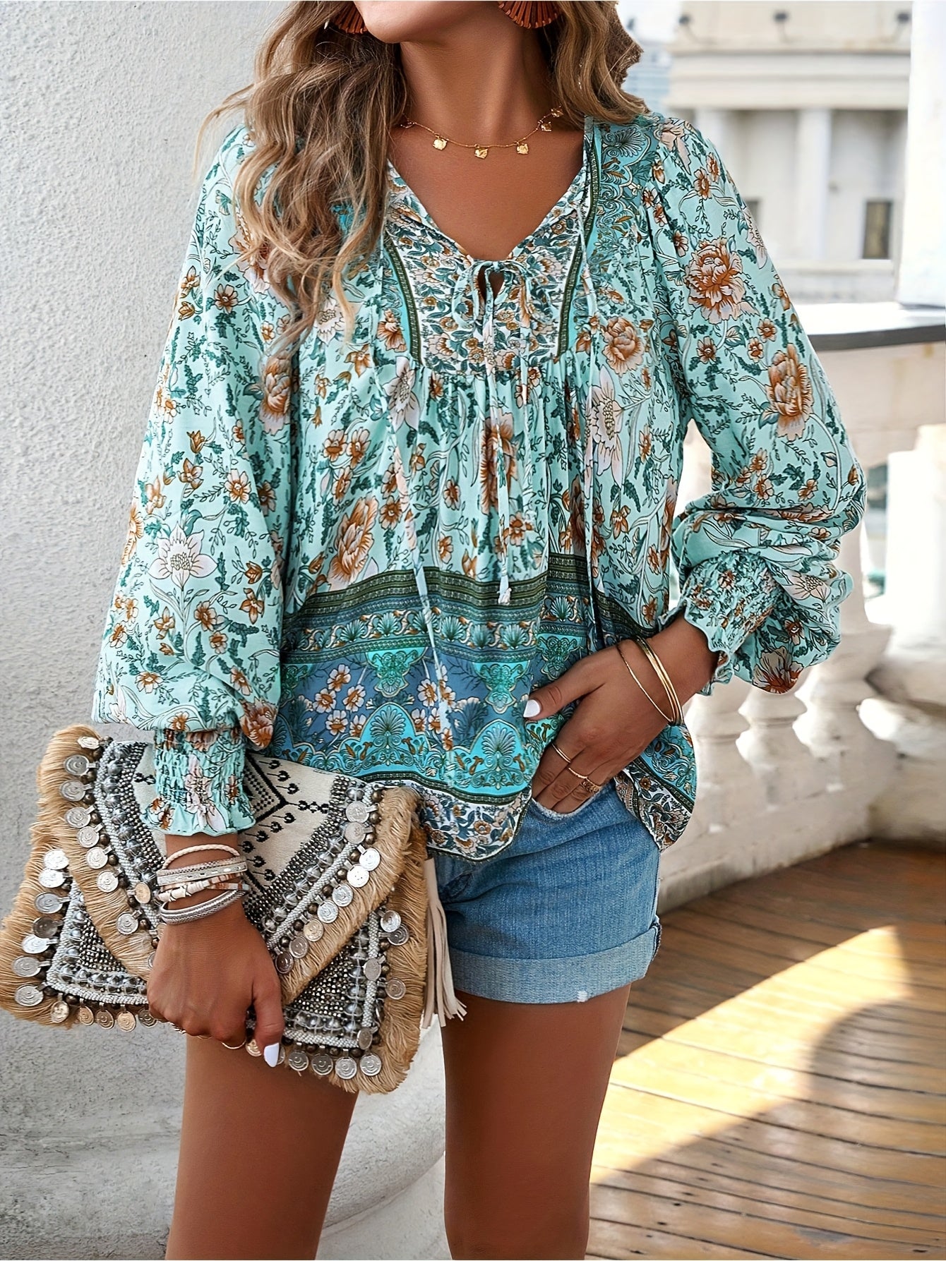 [Bohemian Style Shirt] Lightweight And Breathable Bohemian Style Shirt - Summer Top Long Sleeved Sunscreen T-shirt - Elegant Shirt Suitable for Vacation