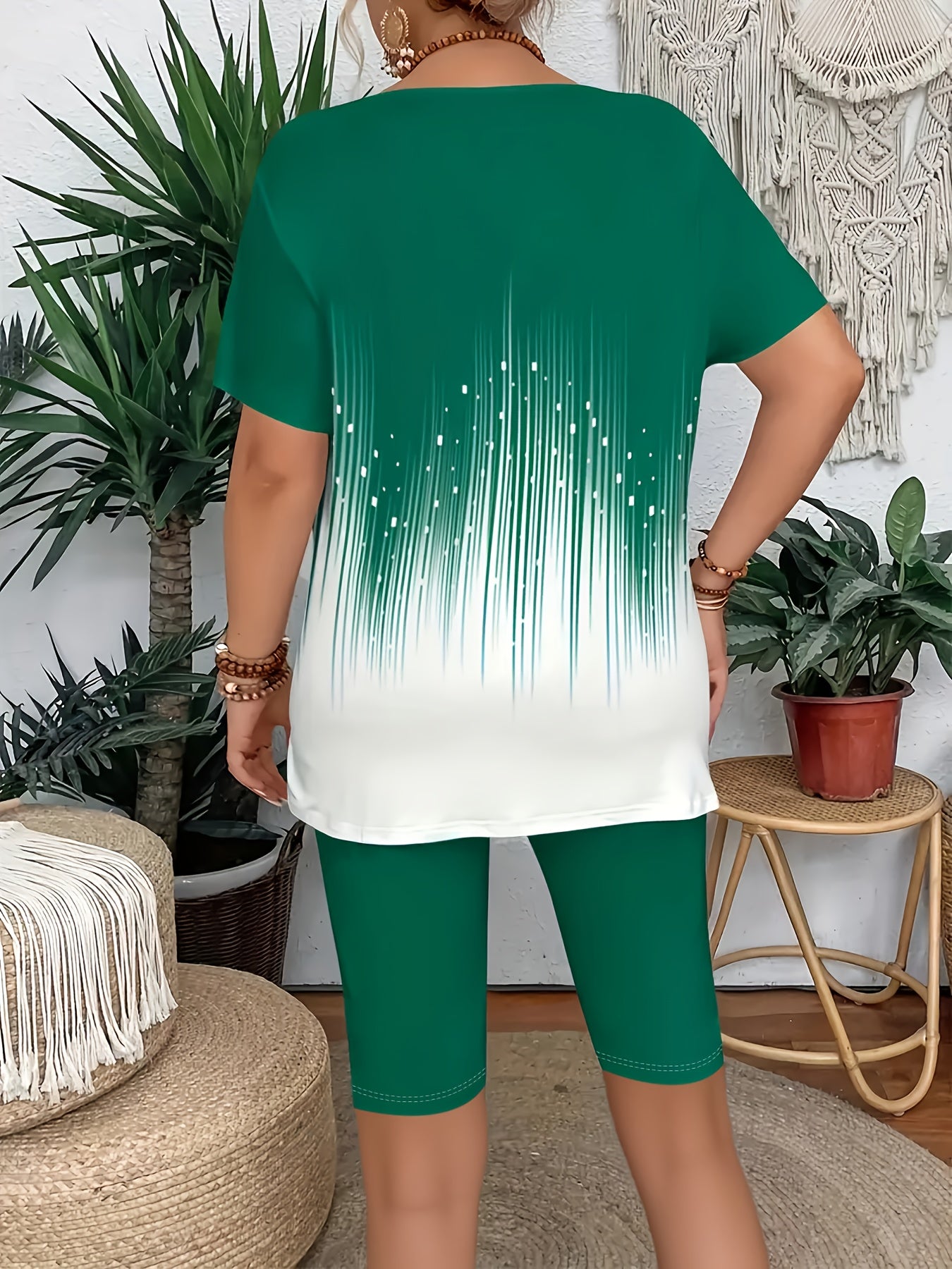Women's Fashion Casual Breathable Short Sleeve Two-Piece Set, Colorful Striped Print, Five-Quarter Stretch Leggings, Suitable for Daily Commute, Leisure Wear, Travel Vacation, Casual Wear, Daily Outfit, Trendy Fashion, Colorf