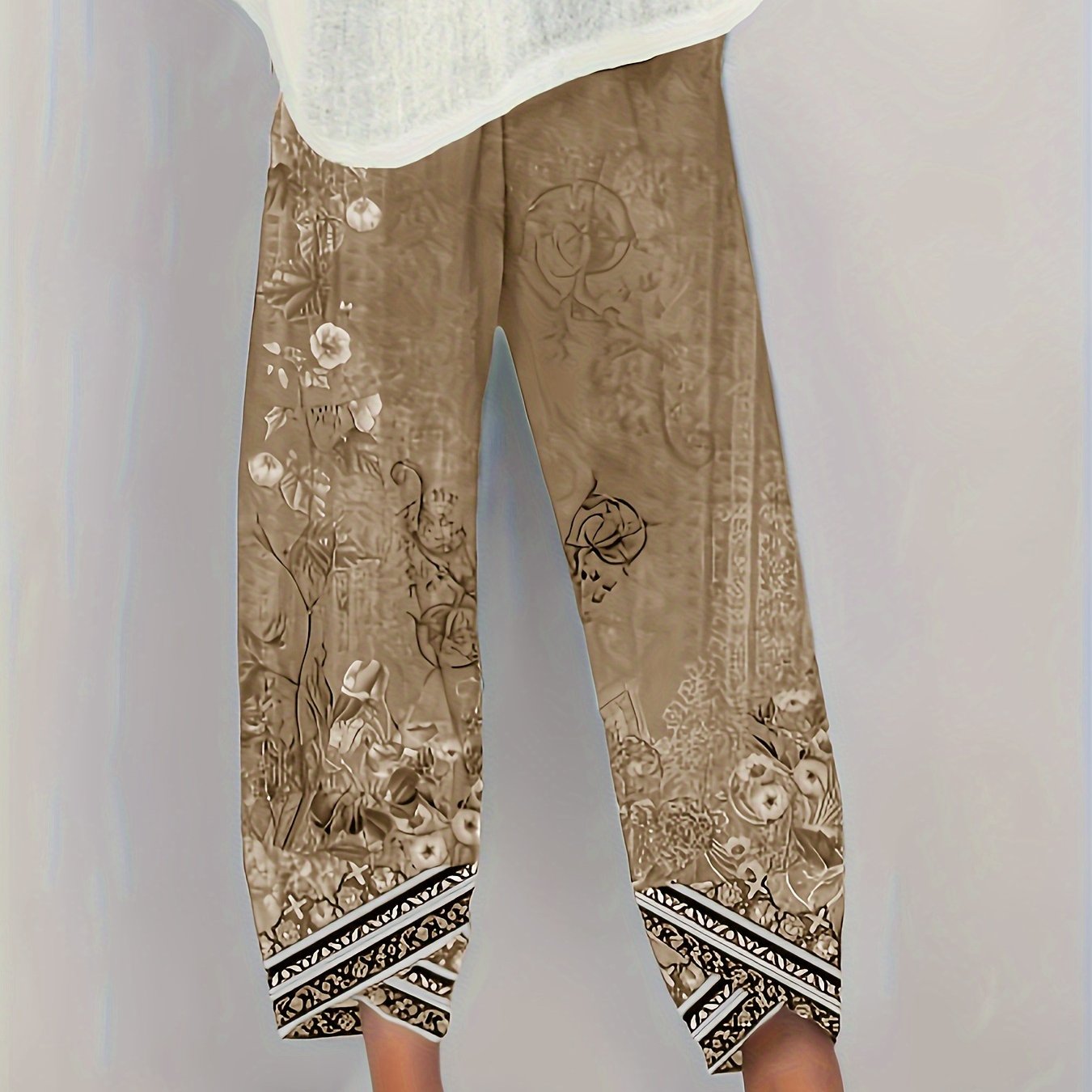 [Floral Print Palazzo Pants] Plus Size Floral Print Palazzo Pants | High Waist Wide Leg Cropped Pants, Soft Polyester Casual Summer Pants for Women, Lightweight & Breathable, Perfect for Casual Attire, Allseason Pants