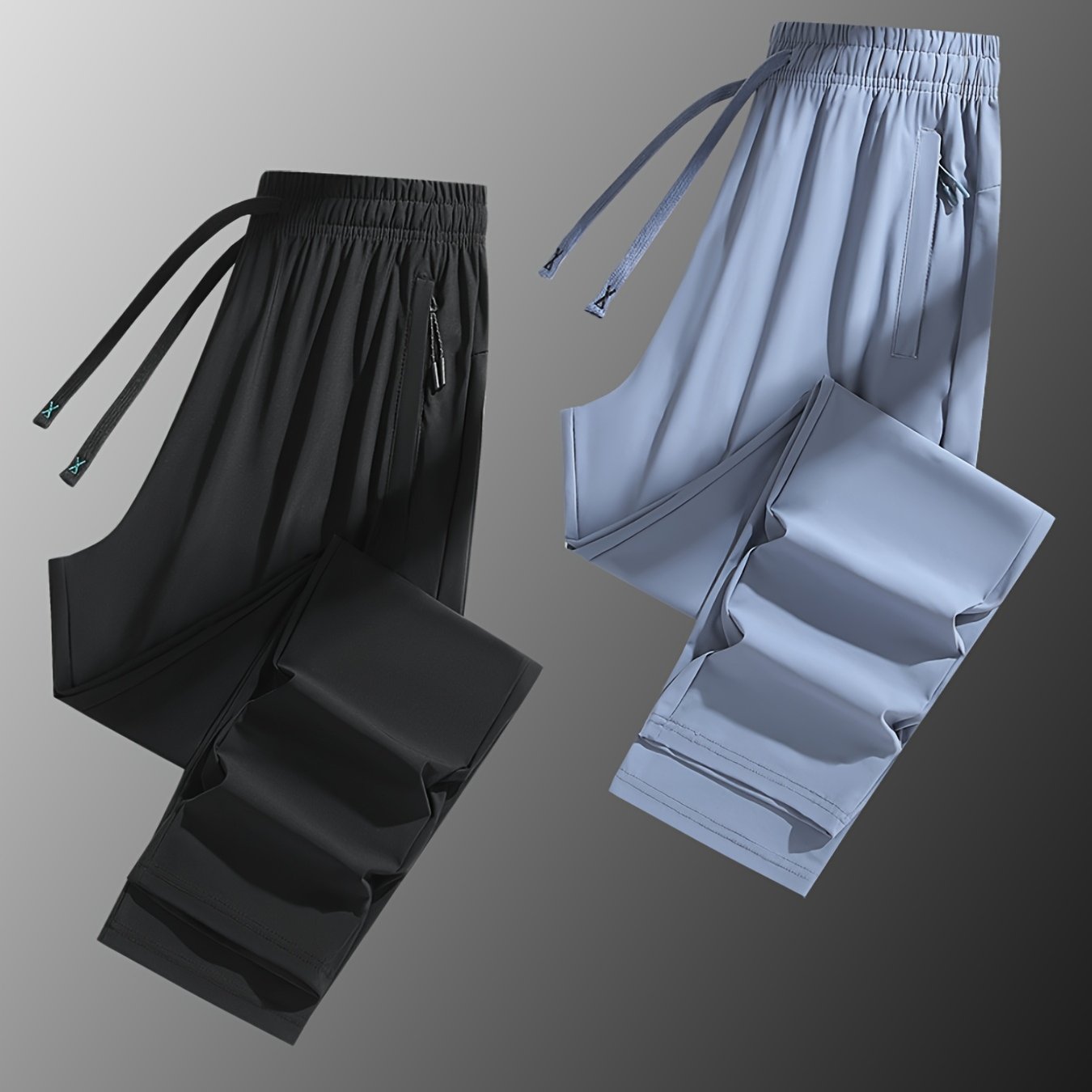 Two Pairs Of Summer Women's Long Pants, Solid-color Pants for Women, Elastic Drawstrings At The Waist, Hidden Zipper Pockets, Straight-leg Pants with Nylon And Spandex Medium-elastic Fabric, Ice Silky Quick-drying Pants, Wome